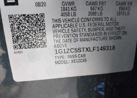 2020 Chevrolet Malibu Fwd 1Fl z USA, uszkodzony, nr VIN 1G1ZC5STXLF149318